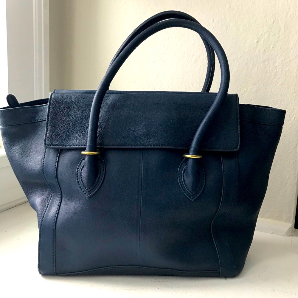 J Crew Blue Large Leather Satchel Tote Purse